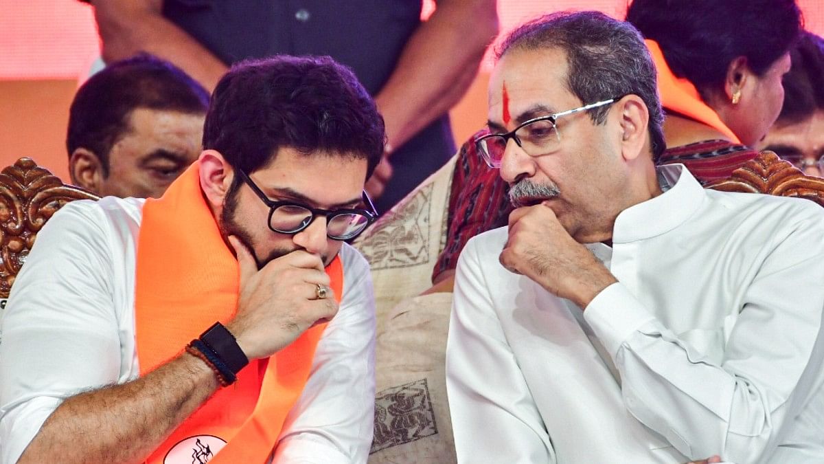 Aaditya (L) and Uddhav (R) Thackeray at Shivaji Park, Saturday | ANI