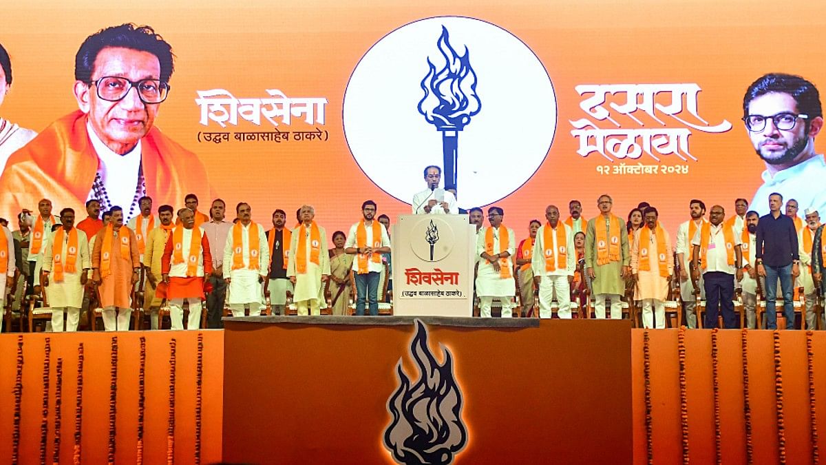 Shiv Sena (UBT) chief Uddhav Thackeray addressing Dussehra rally at Shivaji Park in Mumbai, Saturday | ANI