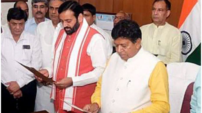 File photo of Speaker Gian Chand Gupta administering oath of office to CM Nayab Singh Saini in June this year | ANI