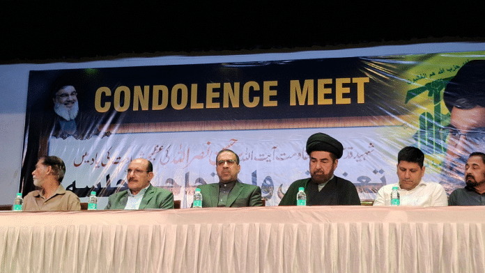 Palestinian Ambassador Adnan Abu Al-Hija (second from left) and his Iranian counerpart Iraj Elahi (next to Al-Hija) at condolence meeting for the Hezbollah chief, in New Delhi on Monday | X/@Iran_in_India