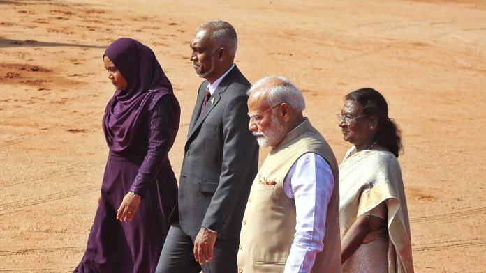 President Droupadi Murmu, Prime Minister Narendra Modi with Maldivian President Mohamed Muizzu and First Lady Sajidha Mohamed at Rashtrapati Bhavan in New Delhi on Monday | Praveen Jain I ThePrint