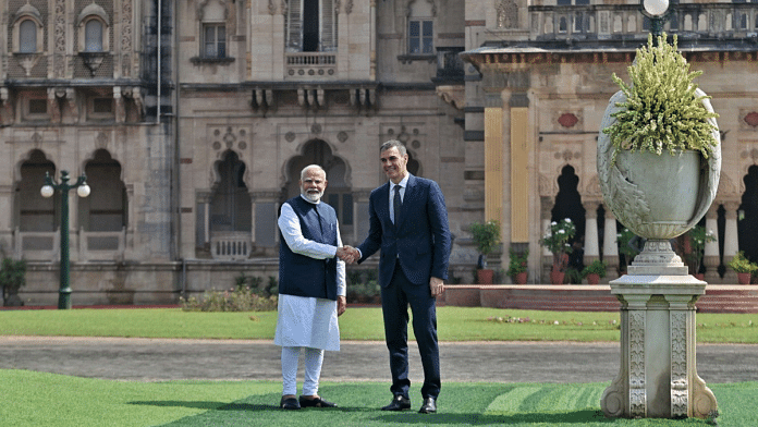 PM Narendra Modi with his Spanish counterpart Pedro Sánchez at Vadodara’s Laxmi Vilas Palace | X/@narendramodi