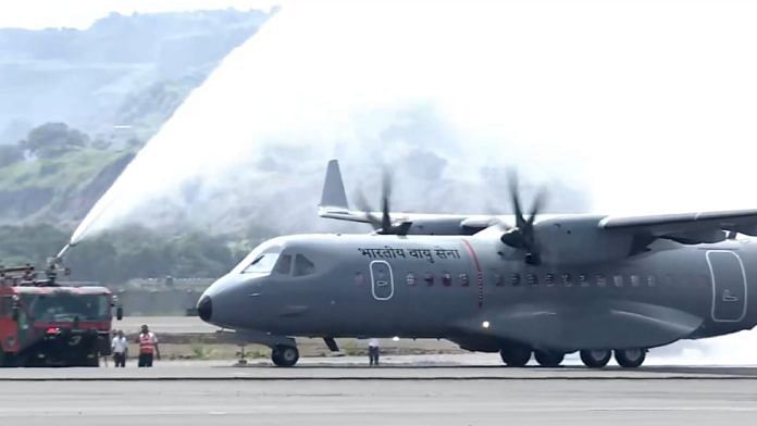 Water cannon salute for IAF's C-295 aircraft at Navi Mumbai International Airport, Friday | X @mieknathshinde