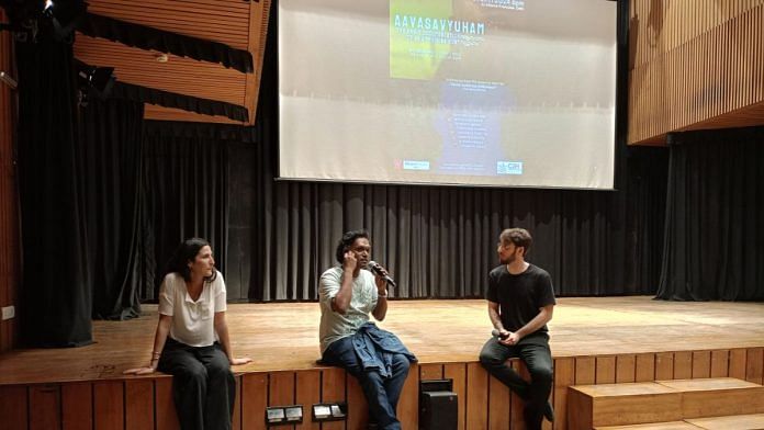 Krishand (centre) explains the story boarding process of Aavasavyuham at a screening in Alliance Francaise, Delhi | Tina Das | ThePrint