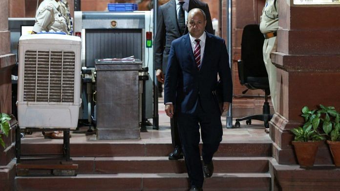 Canadian Chargé d'Affaires Stewart Wheeler leaves from the Ministry of External Affairs (MEA), in New Delhi, Monday. | Suraj Singh Bisht