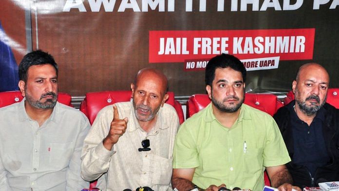 Baramulla MP Engineer Rashid and Awami Ittehad Party leaders at a press conference, in Srinagar, Monday. | ANI