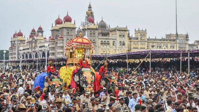 Abhimanyu the elephant carrying the 750-kilogram golden howdah in the Mysuru Dasara procession, October 2022