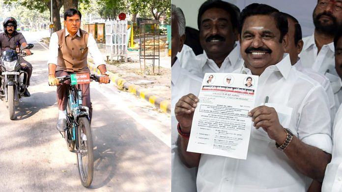 File photos of Labour Minister Mansukh L. Mandaviya cycling (Left | Photo: Facebook), and AIADMK General Secretary Edappadi K. Palaniswami (Photo: ANI)