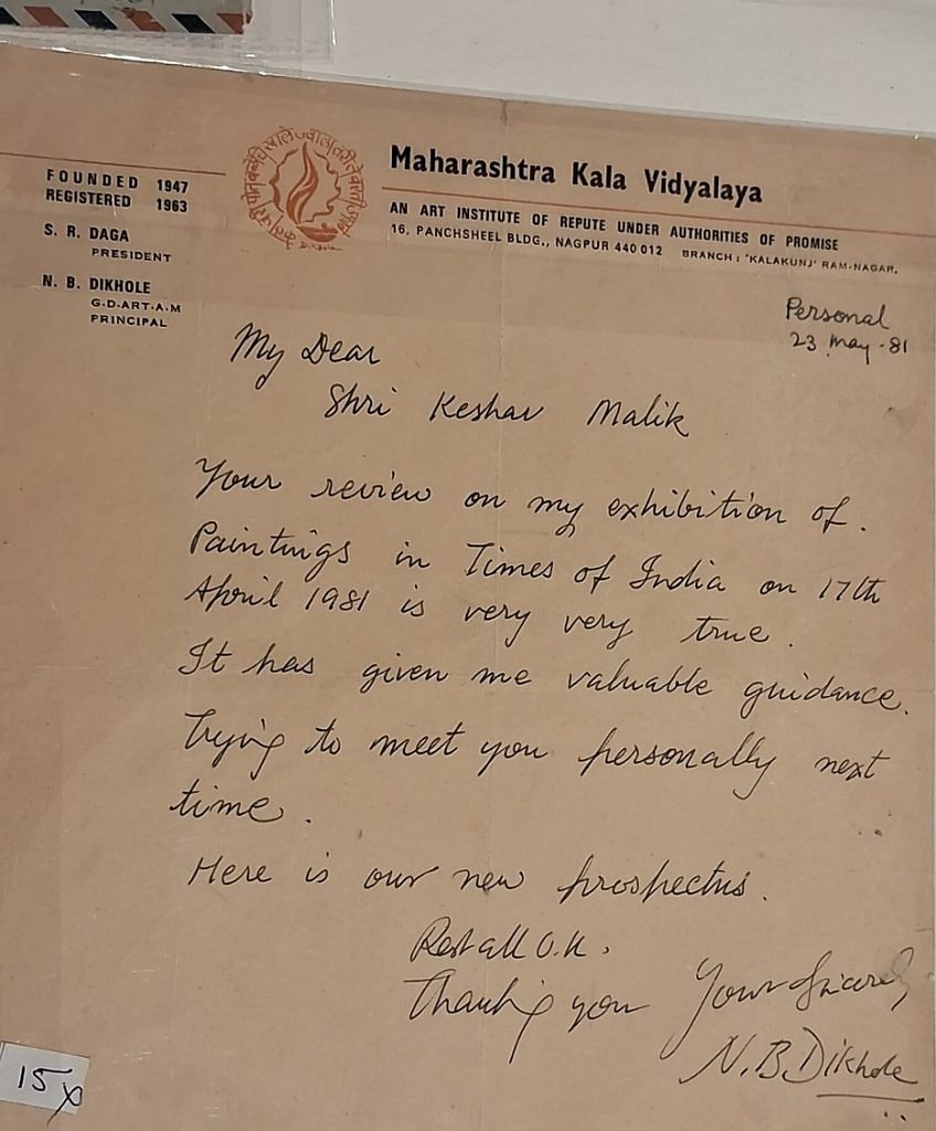 NB Dikhole's letter to Keshav Malik, praising the latter's art review | Photo: Sonika Kumar, ThePrint