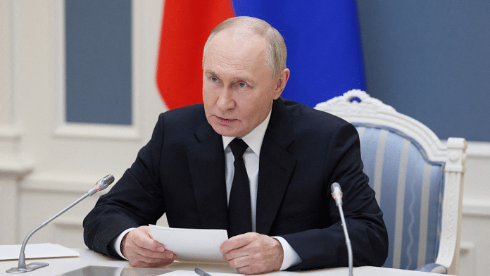 Russian President Vladimir Putin conducts an exercise of Russia's strategic nuclear deterrence forces to train actions of officials on operating nuclear weapons with practical launches of ballistic and cruise missiles, via video link at the Kremlin, in Moscow, Russia, 29 October 2024 | Mikhail Metzel | Reuters