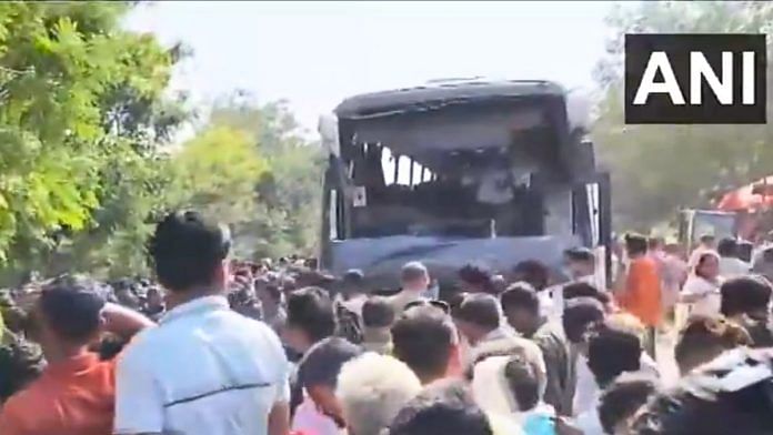 Maharashtra State Transport bus overturned when the bus driver lost control of the vehicle near Bindravana Tola village on the Gondia-Arjuni road | Credit: ANI