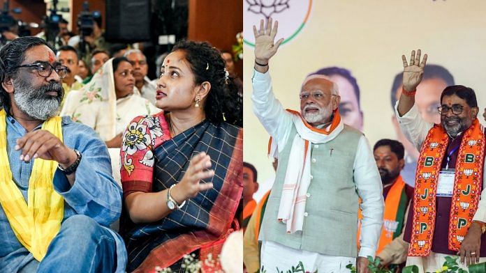 JMM leaders Hemant Soren with Kalpana Soren (left); and PM Narendra Modi at a public meeting in Chaibasa | Photos: ANI