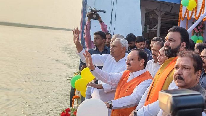 Bihar Chief Minister Nitish Kumar, Union Minister and BJP National President JP Nadda and state Deputy CM Samrat Chaudhary visit the ghats of the Ganga river during the Chhath festival, in Patna, Thursday. | ANI