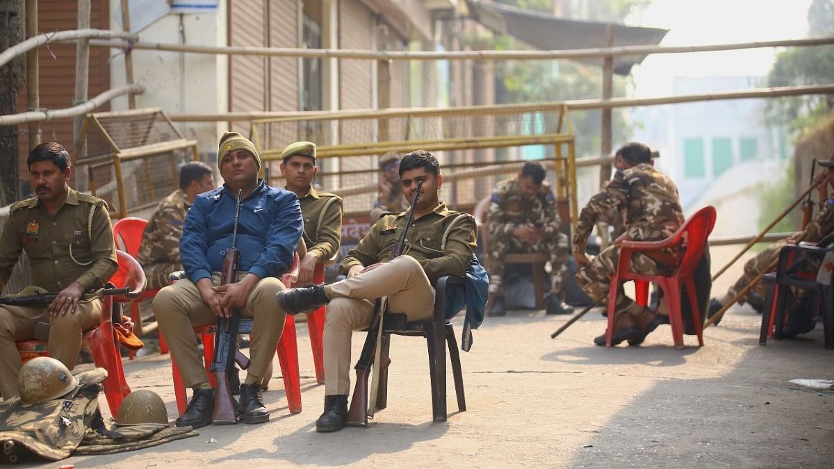 Police personnel deployed near Shahi Jama Masjid in Sambhal, Monday | Manisha Mondal | ThePrint