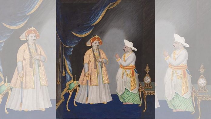 Serfoji Maratha II accompanied by his minister, painted in the late Thanjavur style