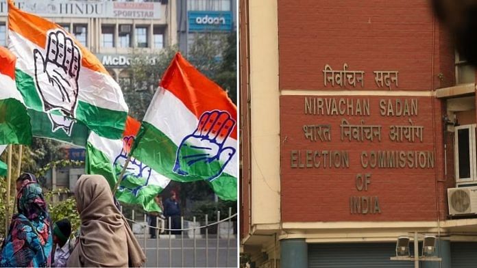 Congress party flag (left) and Election Commission of India office | ANI/ Manisha Mondal | ThePrint