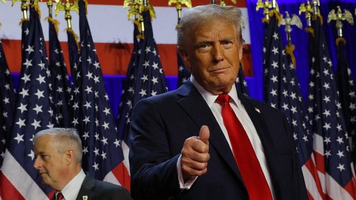 Donald Trump gestures at his rally at Palm Beach County Convention Center in West Palm Beach, Florida on 6 Nov 2024 | REUTERS/Brian Snyder