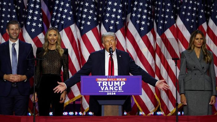 Donald Trump addressing supporters in Palm Beach County Convention Center, in West Palm Beach, Florida on 6 Nov 2024 | REUTERS/Brendan McDermid