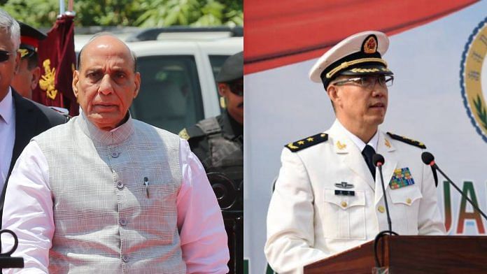 File photos of Rajnath Singh and Dong Jun | ThePrint/Suraj Singh Bisht & X/@BeijingDai