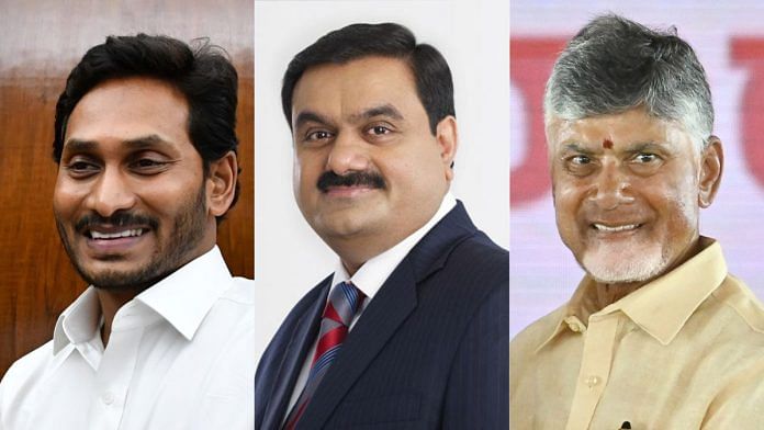 File photos of Jagan Mohan Reddy, Gautam Adani and Chandrababu Naidu | Wiki Commons