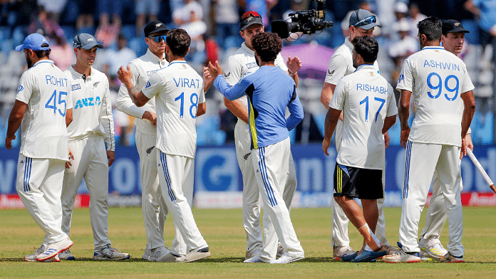 Cricketers exchange handshakes after New Zealand won the third test match against India by 25 runs, at Wankhede Stadium in Mumbai | ANI