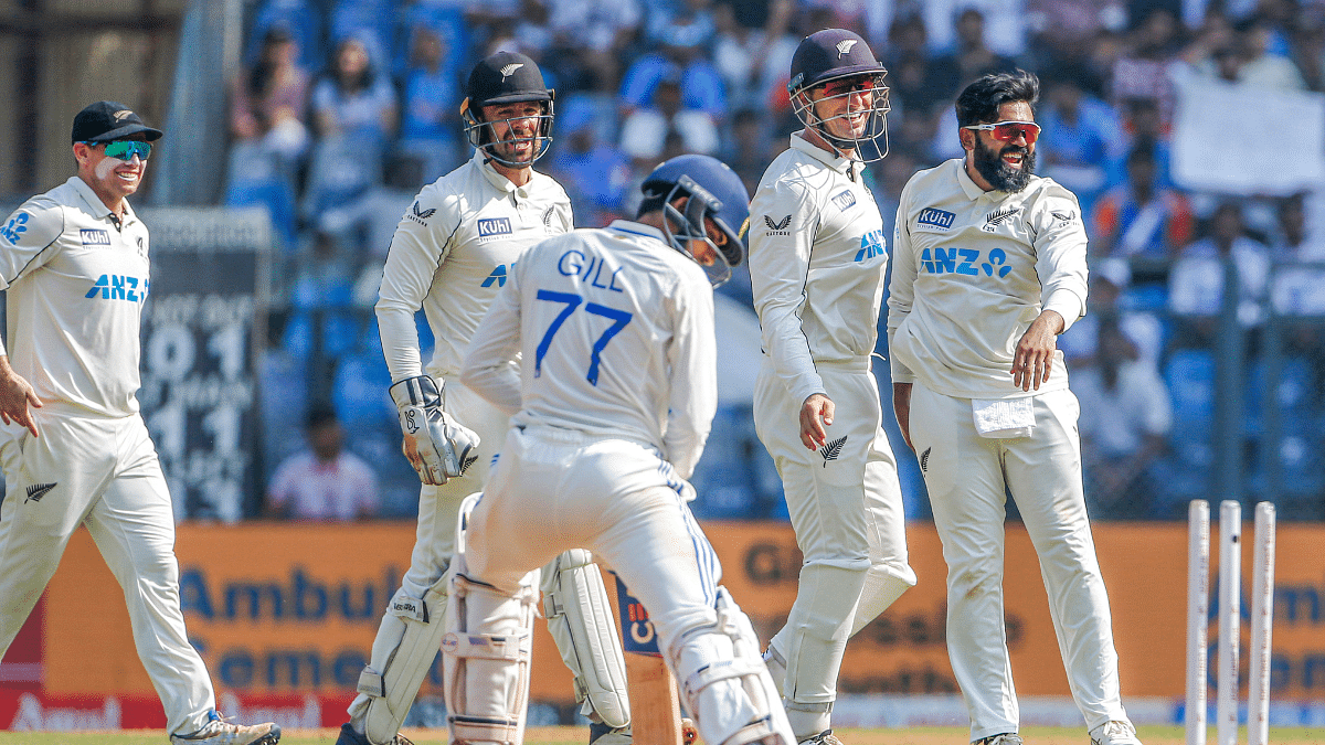 New Zealand's Ajaz Patel and teammates celebrate after he dismissed India's Shubman Gill at Wankhede Stadium in Mumbai | ANI