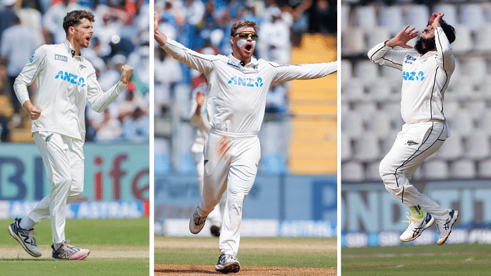 New Zealand's left-arm spinners Mitchell Santner (left) and Ajaz Patel (right) troubled Indian batsmen throughout the Test series. Glenn Phillips (middle) also pitched in with some wickets | ANI File