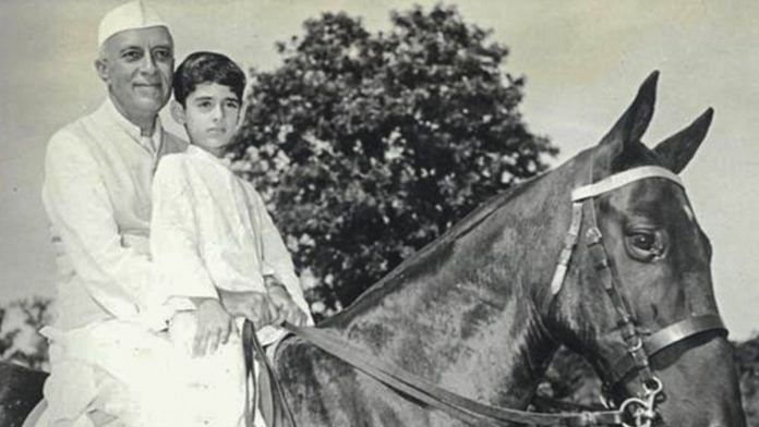 Jawaharlal Nehru and Rajiv Gandhi on horseback, Before 1950s. Image courtesy of Wikimedia Commons