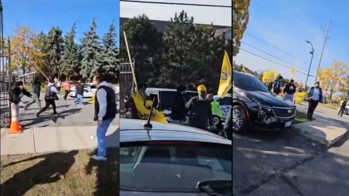 Individuals carrying flags bearing the Sikh separatist symbol, along with sticks were seen entering the temple premises and attacking individuals | Screengrabs from videos circulating on social media