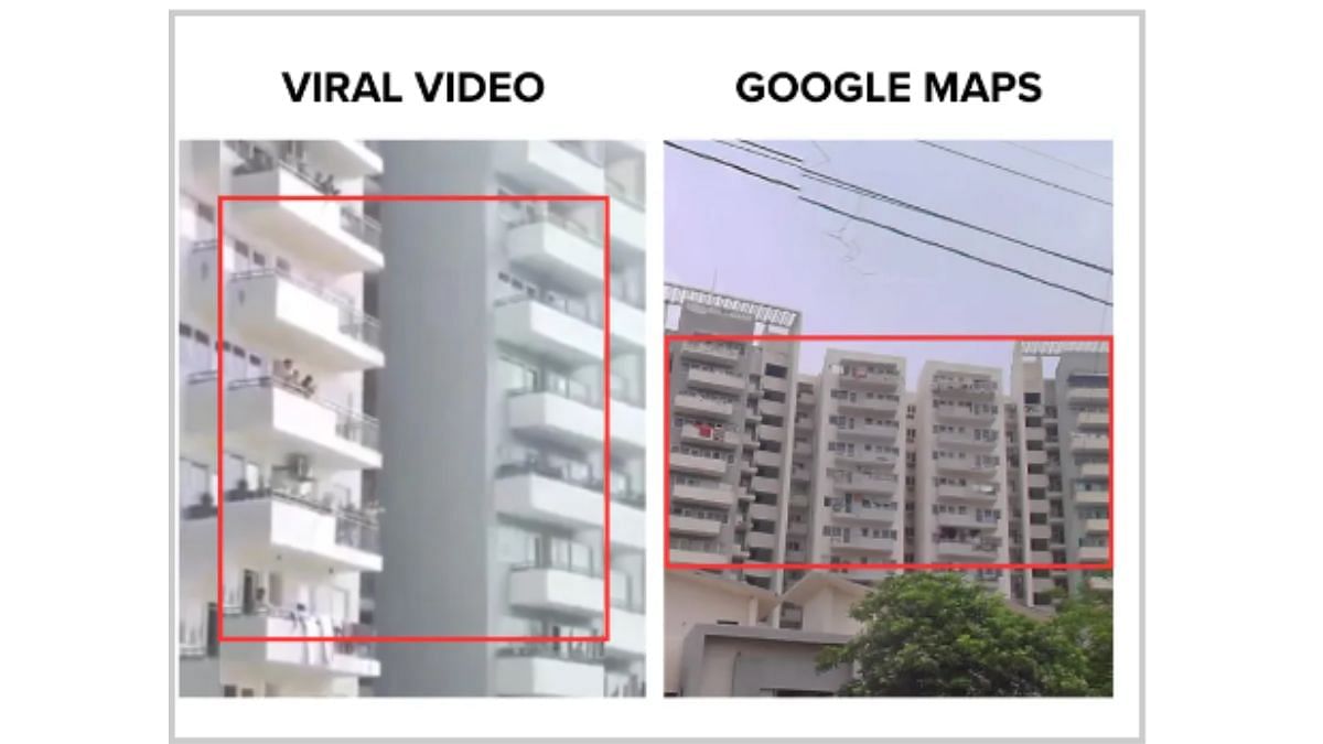 Comparison of the building seen in the viral video and on Google Street View (Source: X/Google Maps). 