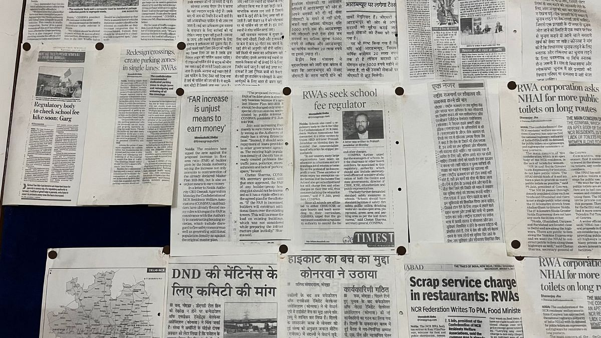 A notice board packed with RWA achievements that made it to the headlines in a Noida office | Antara Baruah, ThePrint