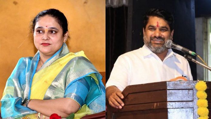 File photos: (L) Madhurimaraje Chhatrapati, Congress's candidate for Kolhapur North, who has now withdrawn her nomination, and (R) Kolhapur Congress chief Satej 'Bunty' Patil | Facebook, X