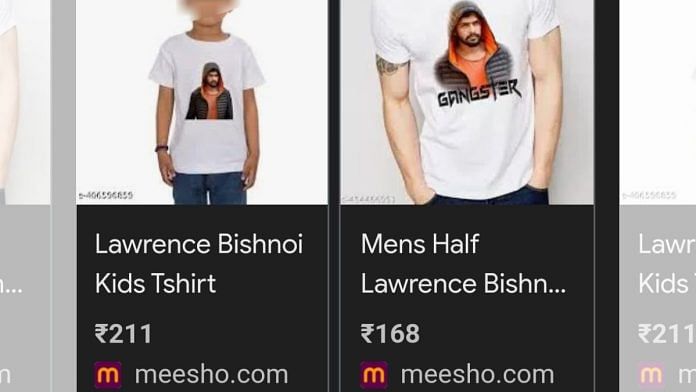 Screen grab of t-shirts with jailed gangster Lawrence Bishnoi's image available for sale on Meesho. The firm says the products have now been deactivated | X: @alishan_jafri