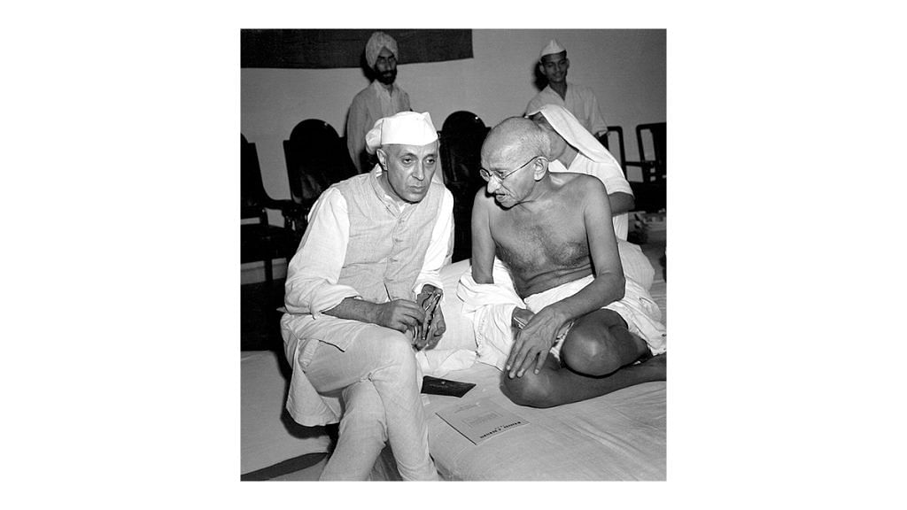 Jawaharlal Nehru in a Bandi (Nehru Vest) and Mahatma Gandhi, Max Desfor, Dave Davis, Acme Newspictures Inc., c. 1942. Image courtesy of Wikimedia Commons