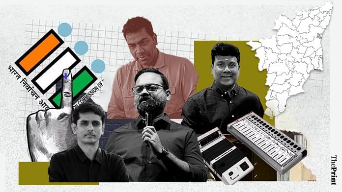 (Clockwise from top) Aadhav Arjuna (Voice of Commons), V. Sabareesan (Populus Empowerment Network), Robbin Sharma (Showtime Consulting), and Jhon Arokiasamy (JPAC Persona) | Wasif Khan | ThePrint