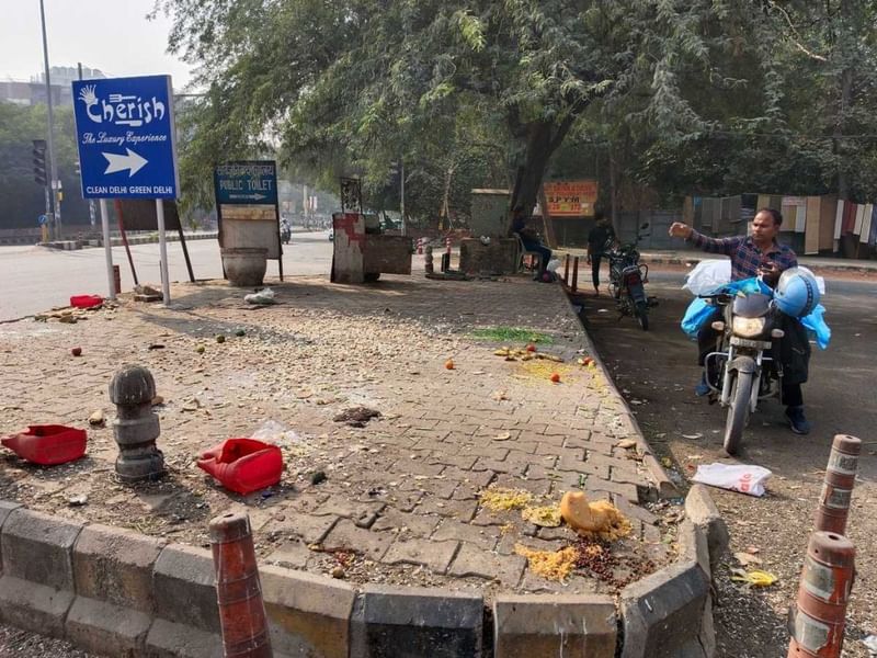 दक्षिण दिल्ली के वसंत कुंज में कबूतरों को खिलाने वाली जगह पर एक व्यक्ति दाना बिखेरते हुए | फोटो: अलमिना खातून/दिप्रिंट