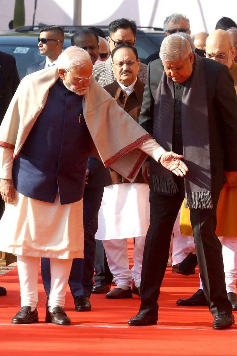 Prime Minister Narendra Modi and Vice President Jagdeep Dhankhar arrive at Old Parliament House | Praveen Jain | ThePrint