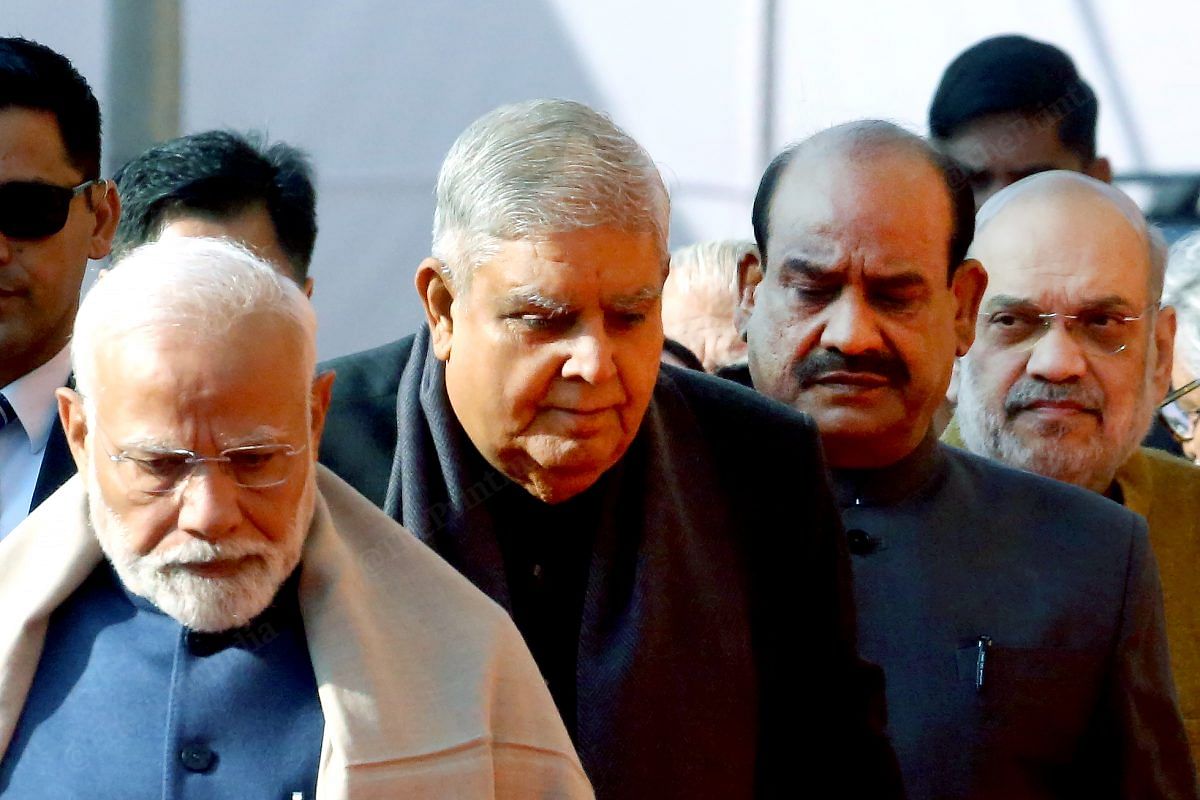 Prime Minister Narendra Modi, Vice President Jagdeep Dhankhar Lok Sabha speaker Om Birla, and Home Minister Amit Shah at the Old Parliament House | Praveen Jain | ThePrint