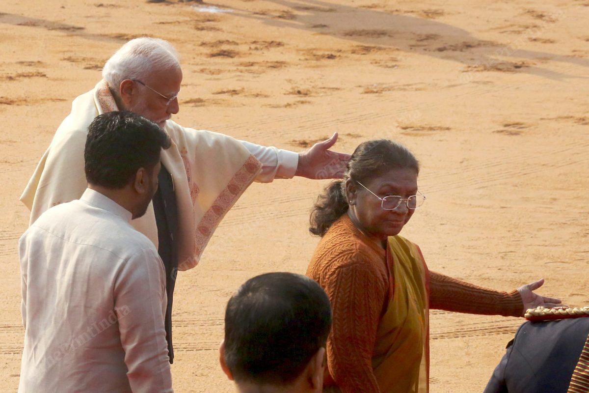 President Murmu and PM Modi showing the way to Sri Lankan President Dissanayake for the guard of honour at Rashtrapati Bhavan | Praveen Jain | ThePrint
