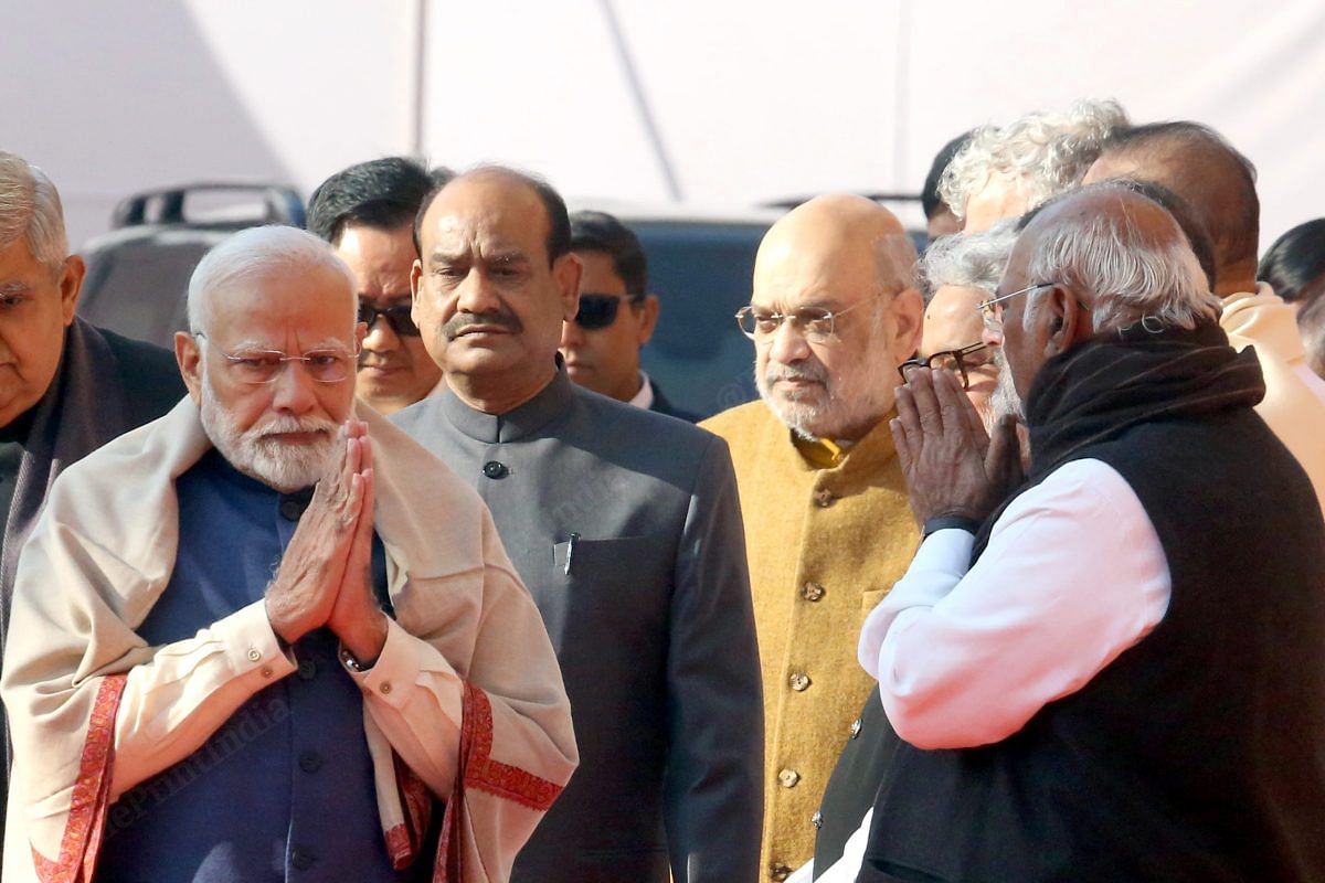 Prime Minister Narendra Modi, Vice President Jagdeep Dhankhar and Lok Sabha speaker Om Birla at the Old Parliament House | Praveen Jain | ThePrint