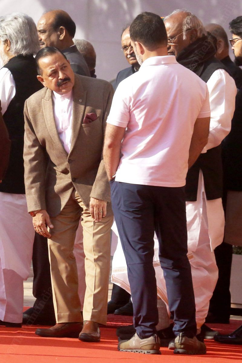 Union Minister of Science and Technology Jitendra Singh talks with Leader of Opposition Rahul Gandhi at the Old Parliament House | Praveen Jain | ThePrint