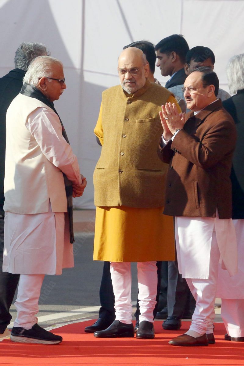 (L-R) Union Minister of Housing and Urban Affairs Manohar Lal Khattar, Home Minister Amit Shah and Union Minister of Chemicals and Fertilizers JP Nadda at the Old Parliament House | Praveen Jain | ThePrint