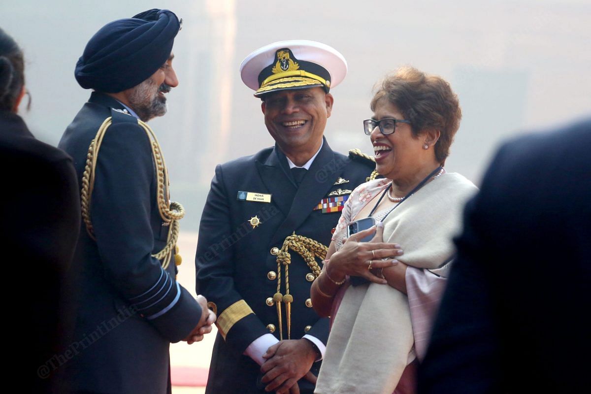 Air Chief Marshal Amar Preet Singh, High Commissioner of Sri Lanka to India Kshenuka Senewiratne and Senior Sri Lankan Naval officer Indika De Silva speak before the ceremonial reception | Praveen Jain | ThePrint