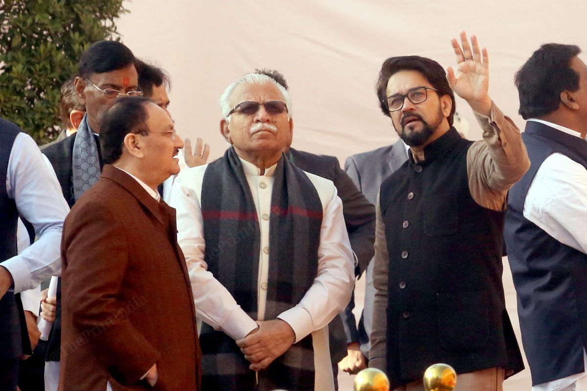 (L-R) JP Nadda, Manohar Lal Khattar, and Anurag Thakur at the Old Parliament House | Praveen Jain | ThePrint