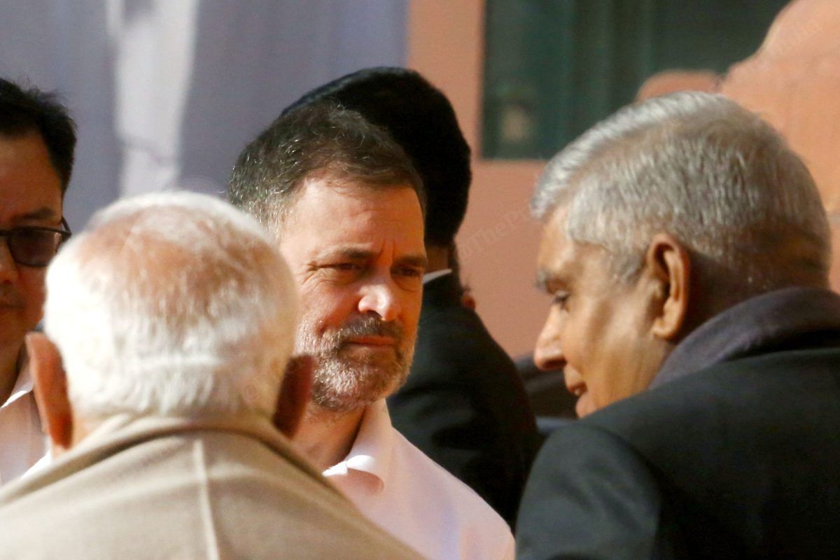 Prime Minister Narendra Modi, Leader of Opposition Rahul Gandhi and Vice President Jagdeep Dhankhar outside the Old Parliament House | Praveen Jain | ThePrint 