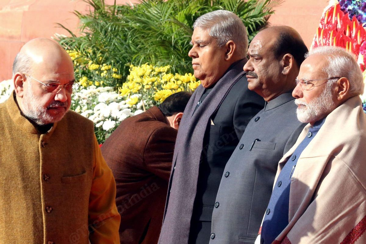 Prime Minister Narendra Modi, Lok Sabha speaker Om Birla, Vice President Jagdeep Dhankhar and Home Minister Amit Shah at the Old Parliament House | Praveen Jain | ThePrint