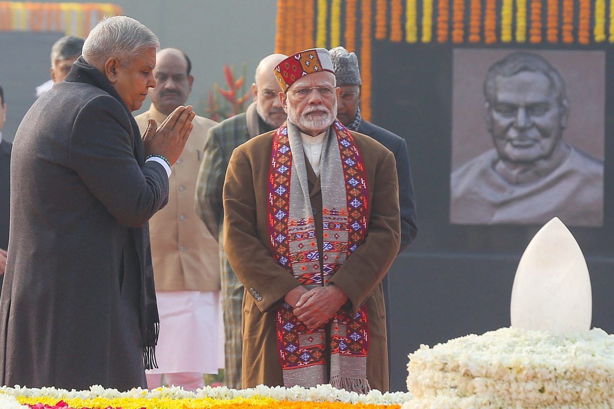 Vice President Jagdeep Dhankhar, and Prime Minister Narendra Modi pays floral tributes to former Prime Minister Atal Bihari Vajpayee on his 100th birth anniversary | Photo: Suraj Singh Bisht | ThePrint