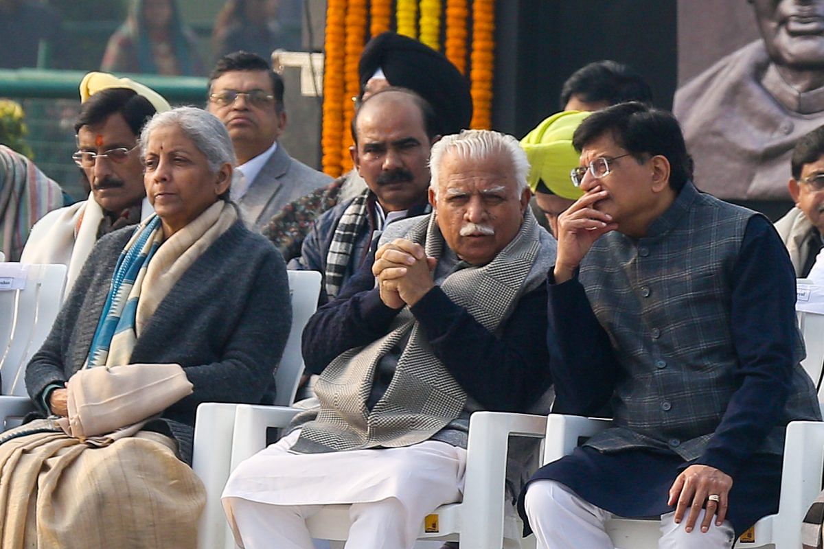 Manohar Lal Khattar with Piyush Goyal during the ceremony at Sadaiv Atal | Photo: Suraj Singh Bisht | ThePrint
