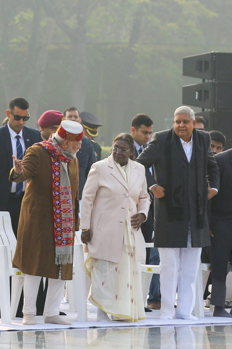 L-R PM Modi, President Droupadi Murmu, and Vice President Jagdeep Dhankhar at the ‘Pushpanjali and Prarthana Sabha’ | Photo: Suraj Singh Bisht | ThePrint