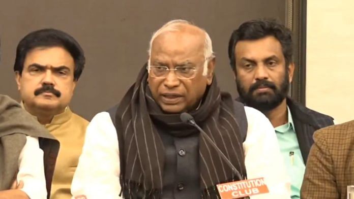 Congress president Mallikarjun Kharge addressing press conference in New Delhi, Wednesday | X @INCIndia